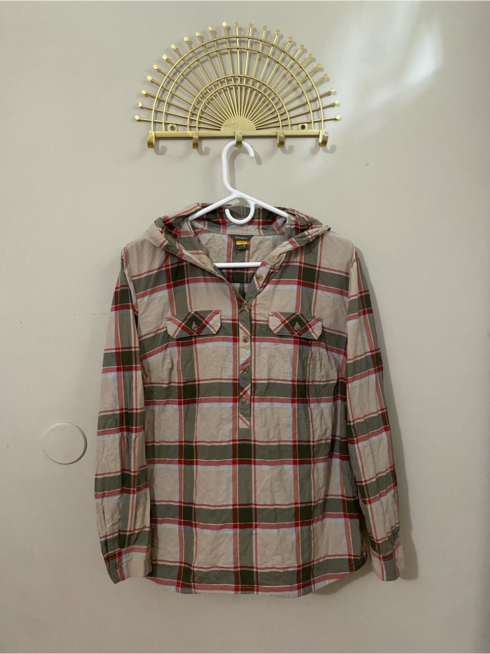 Eddie Bauer Plaid Button-Down Hooded Shirt